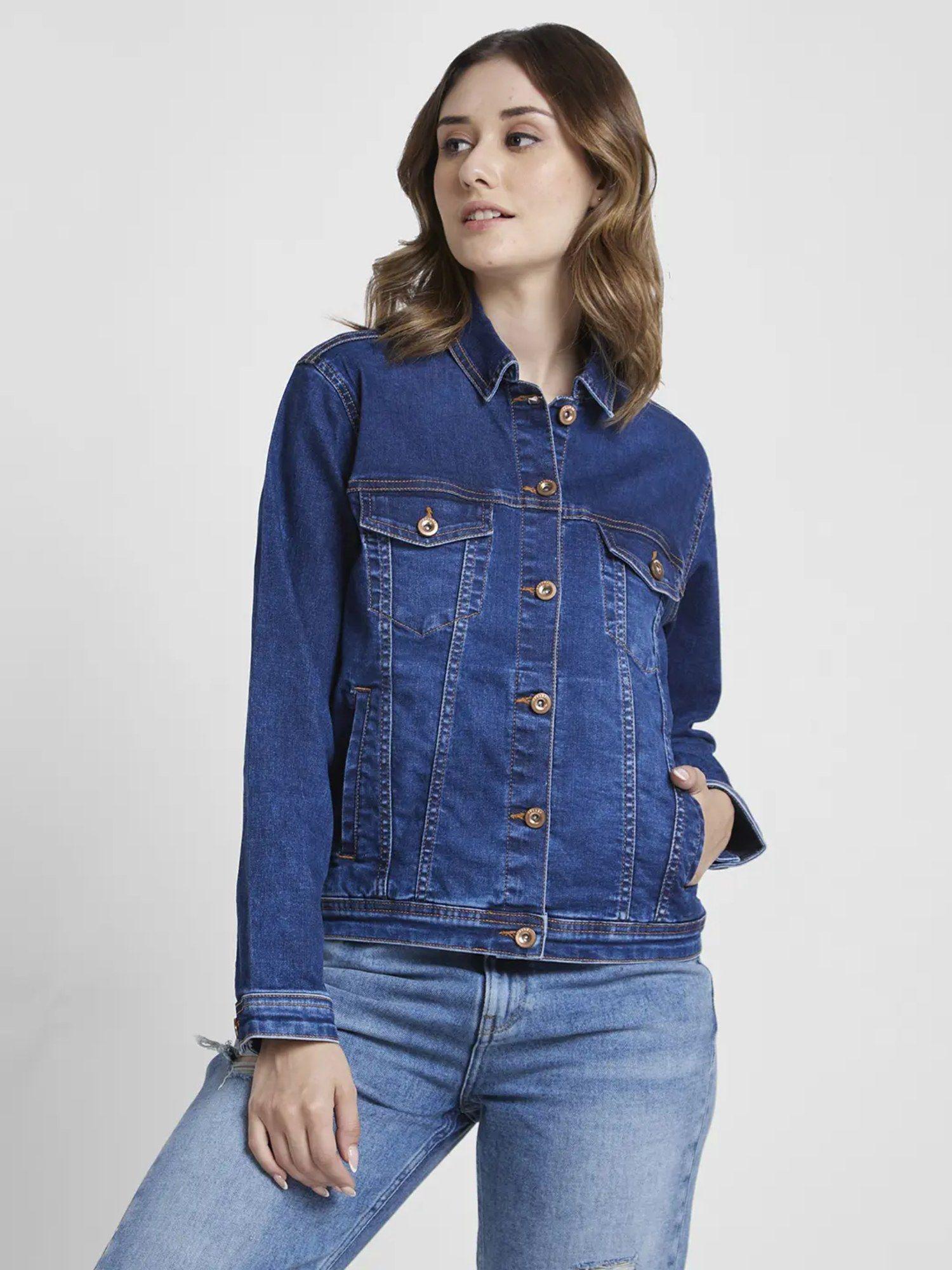 women dark blue regular fit classic collar denim jacket