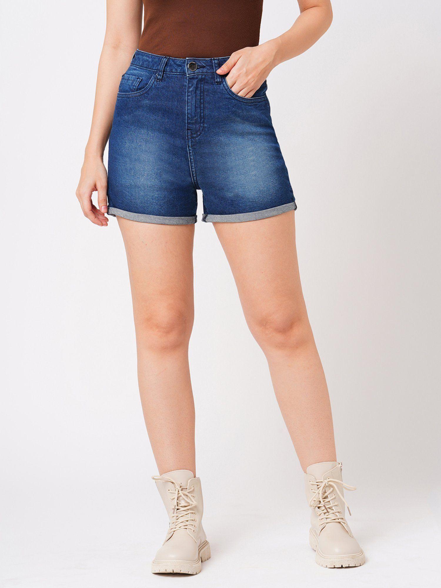 women dark blue slim fit mid-rise denim shorts