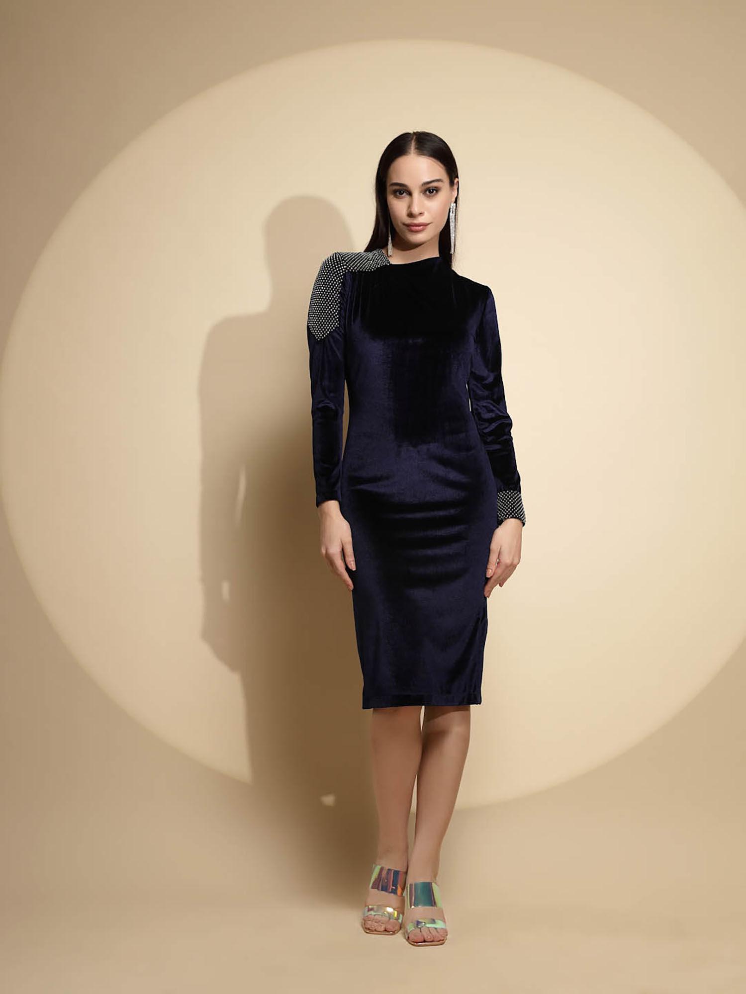 women dark blue velvet winter dress