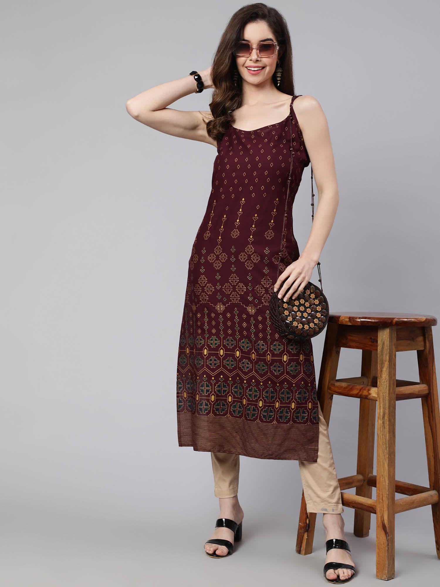 women dark brown rayon printed calf length straight kurta