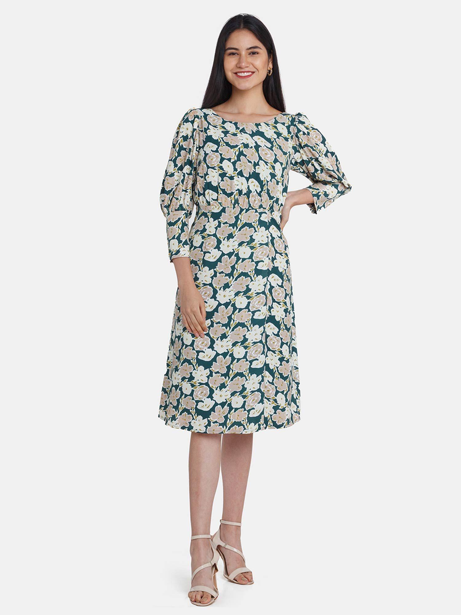 women dark green blossom cuffed midi dress