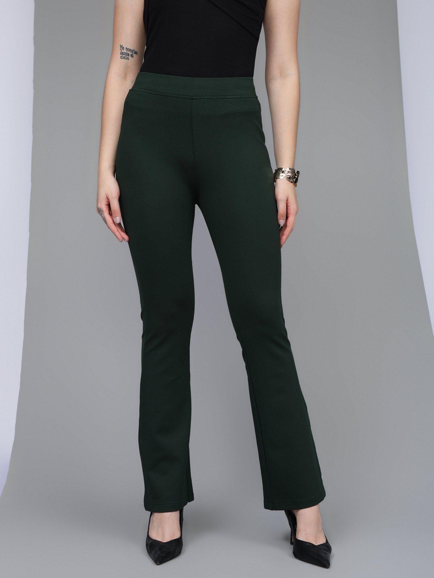 women dark green comfort flared high-rise trousers