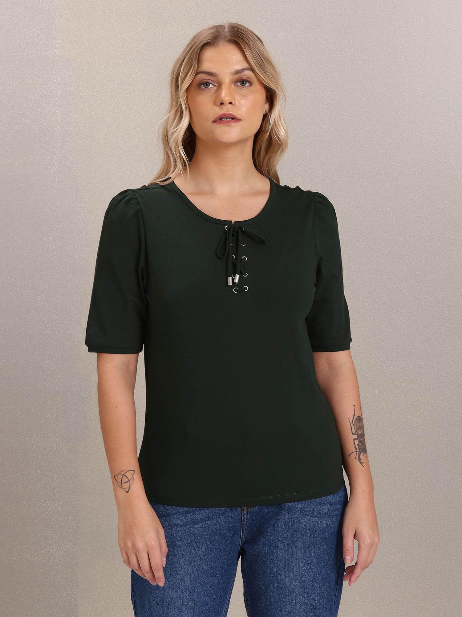 women dark green eyelet tie up solid top