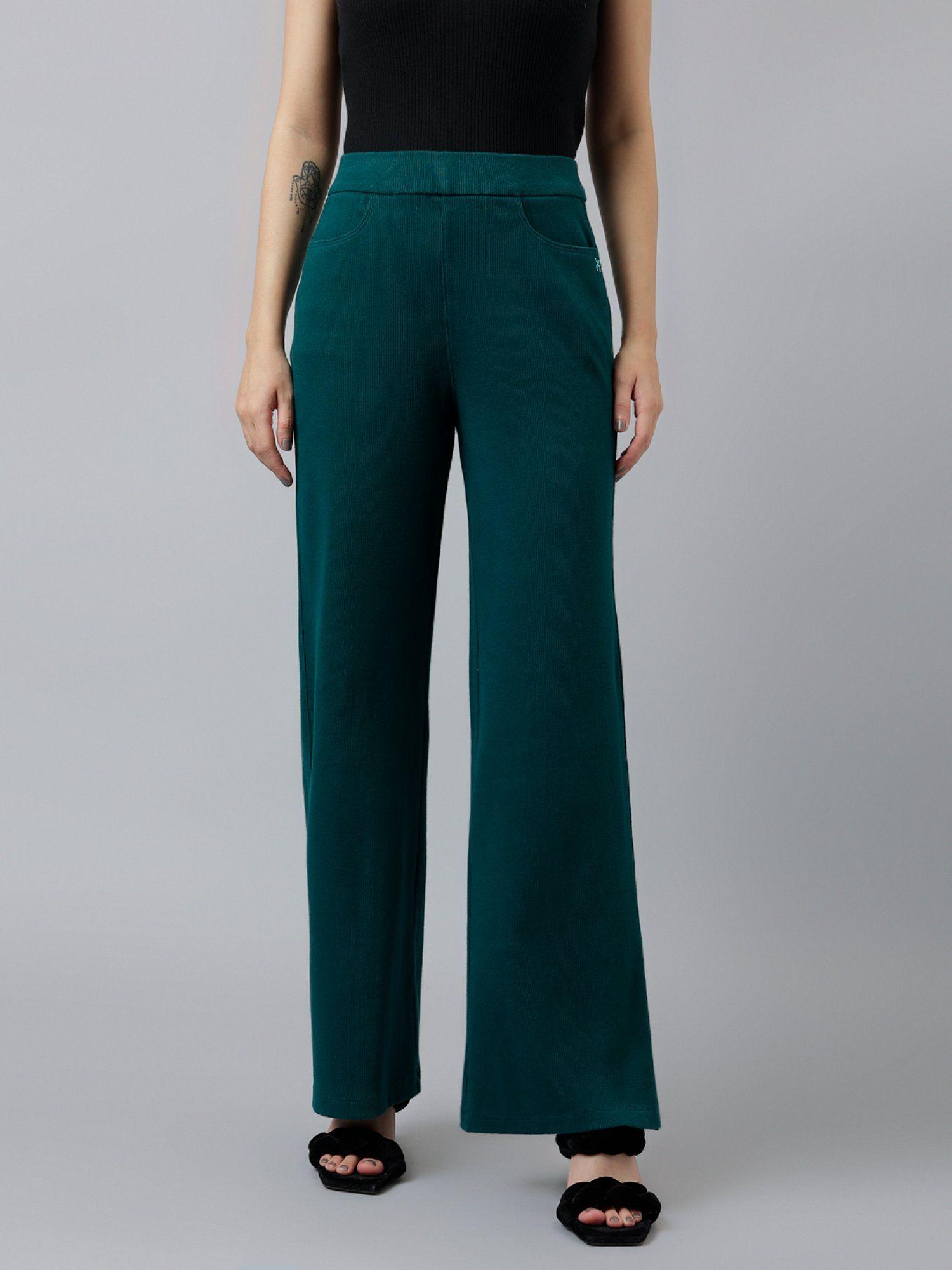 women dark green ribbed wide leg high rise trouser