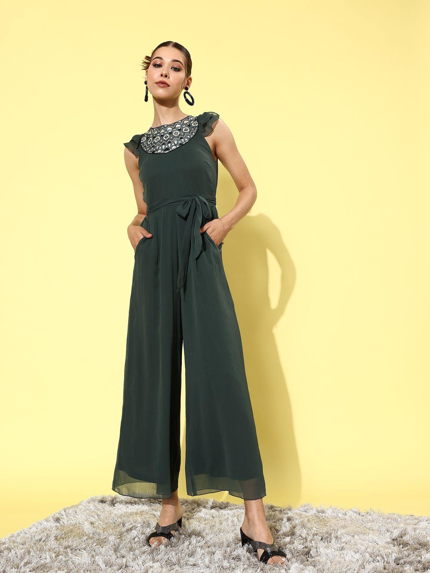 women dark green round neck ruffled sleeve embroidered regular jumpsuit