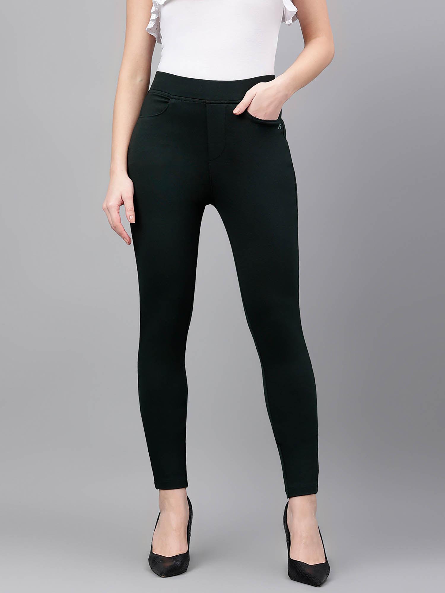 women dark green solid flexible slim fit trouser