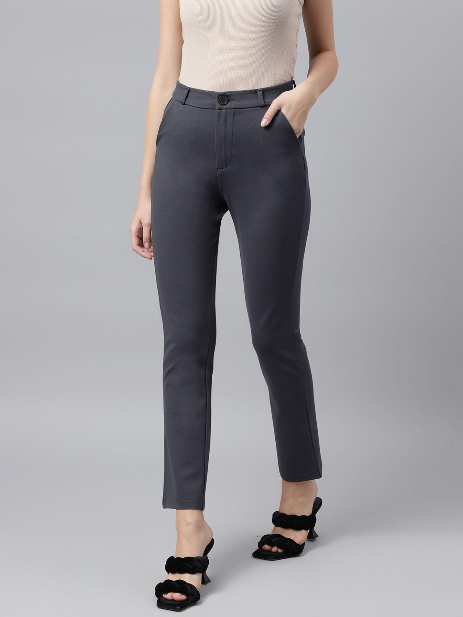 women dark grey comfort straight slim fit high rise trousers