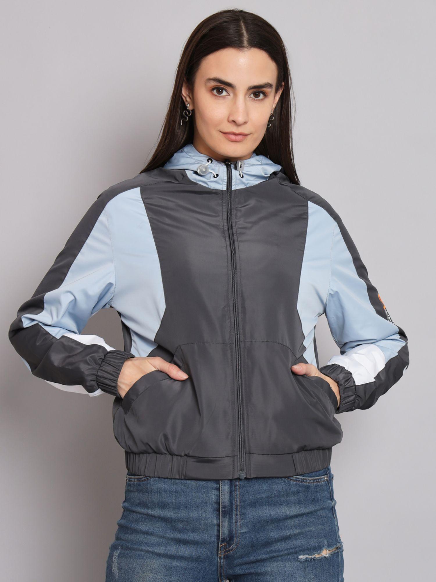 women dark grey polyester windcheater jacket