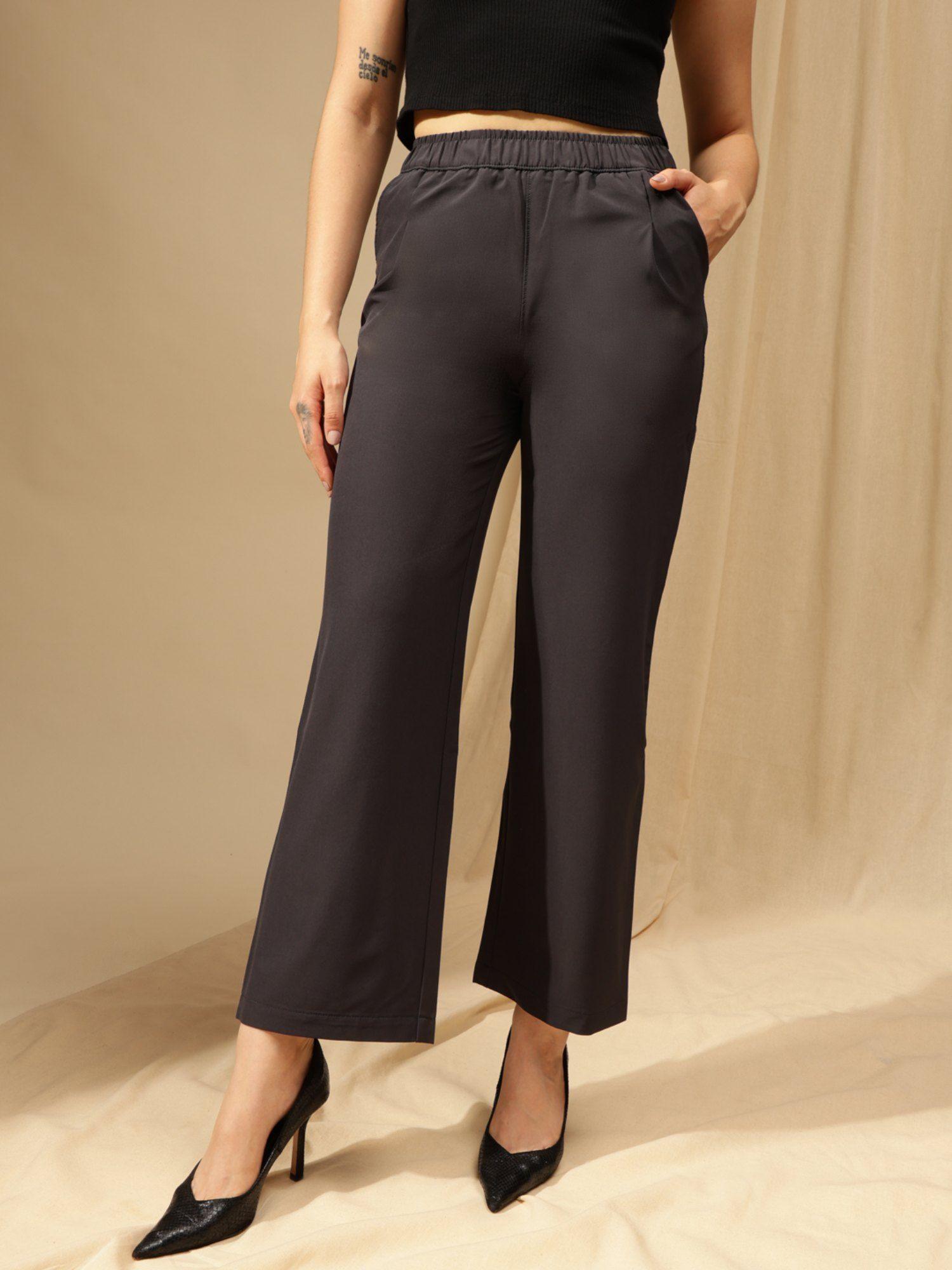 women dark grey relaxed loose fit super high rise trousers