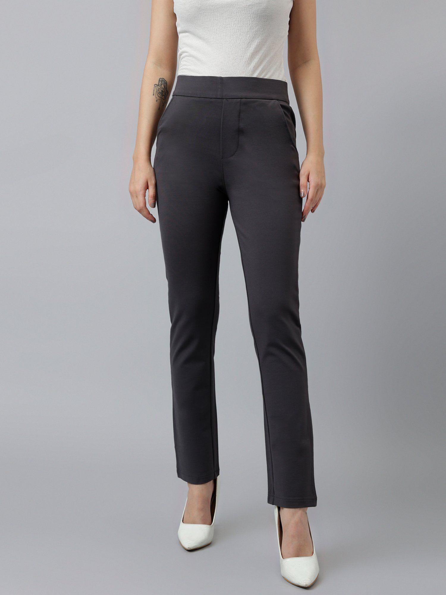 women dark grey solid slim fit high rise trouser