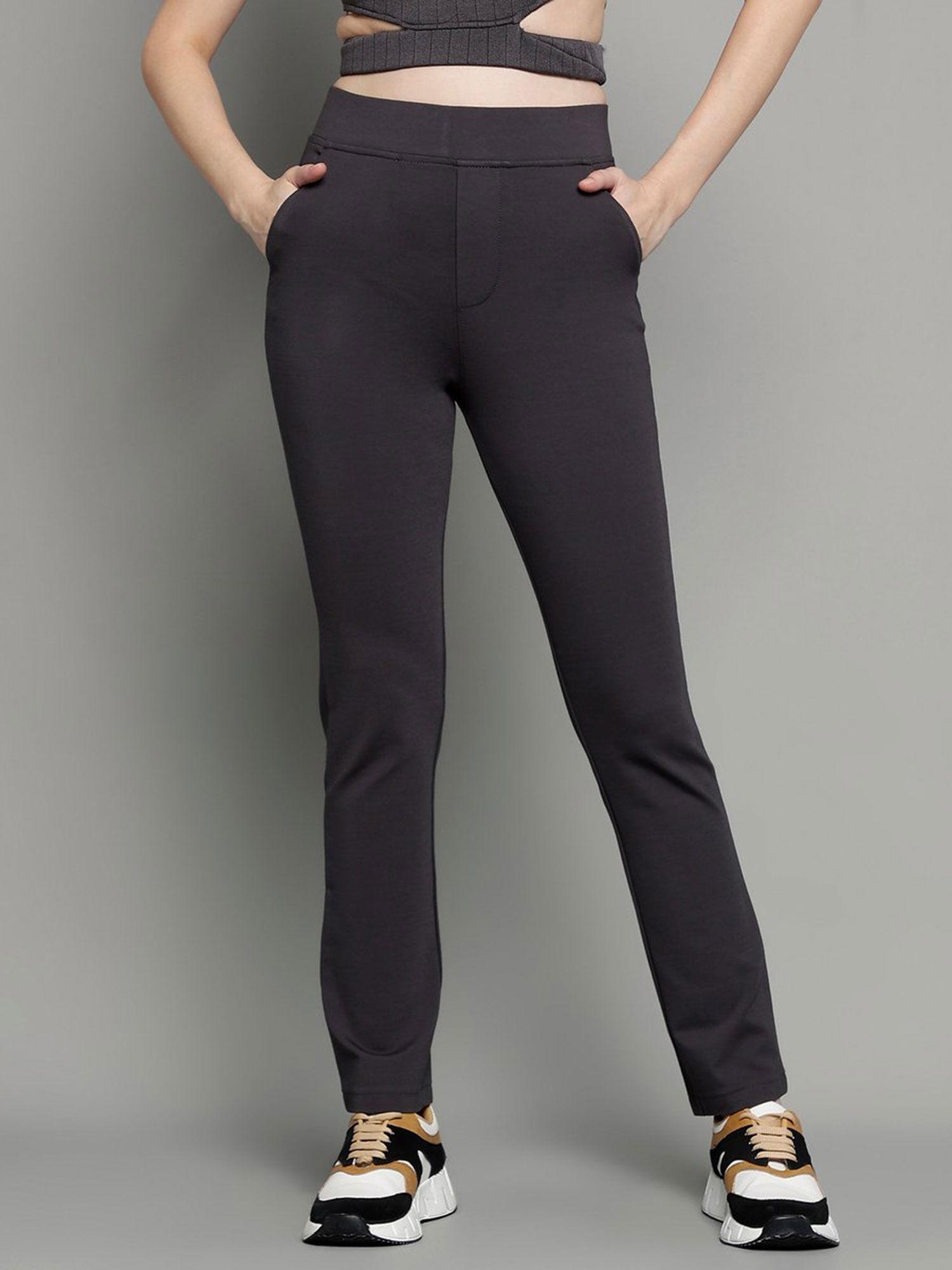 women dark grey solid slim fit high rise trousers