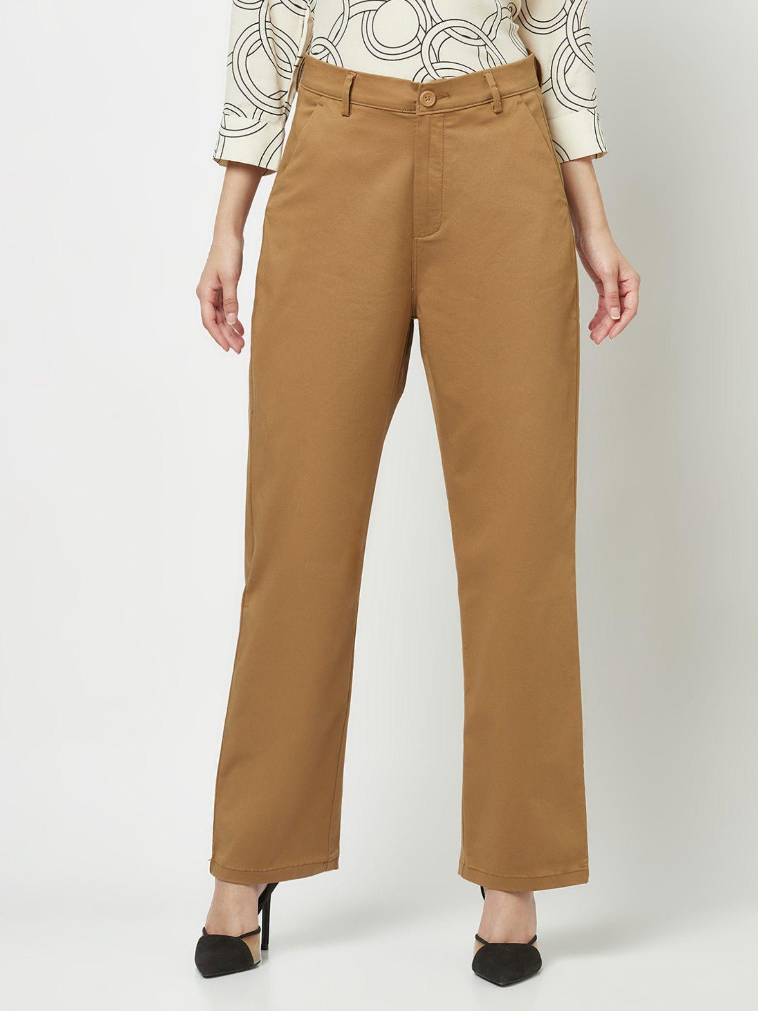 women dark khaki straight fit trousers