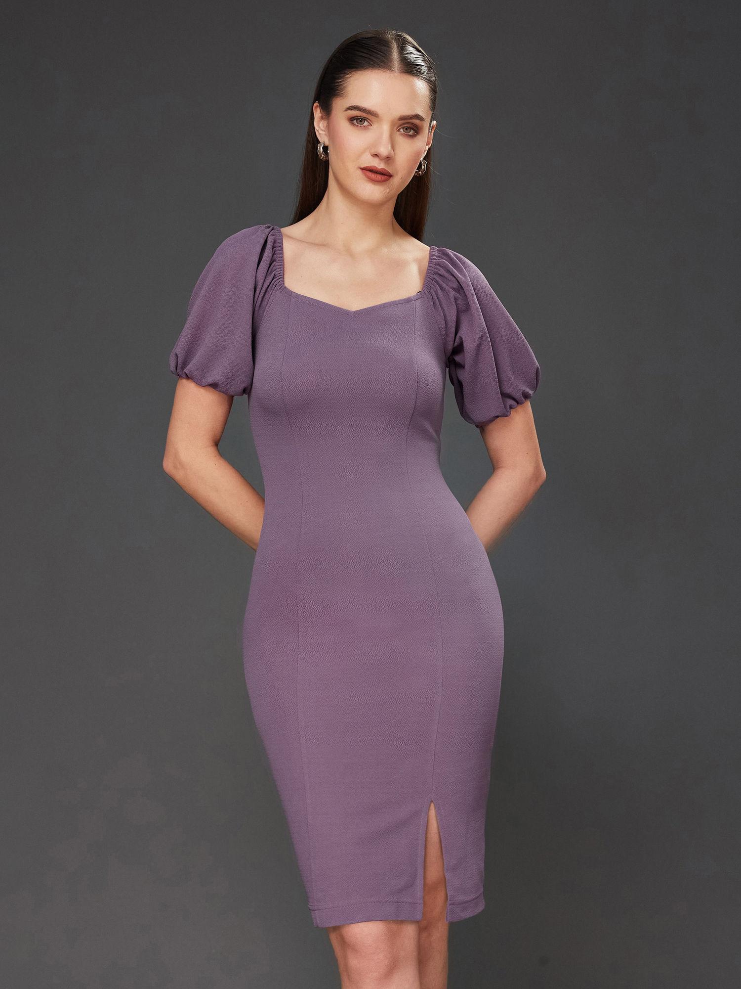 women dark lavender solid bodycon v-neck slim fit knee-length dress