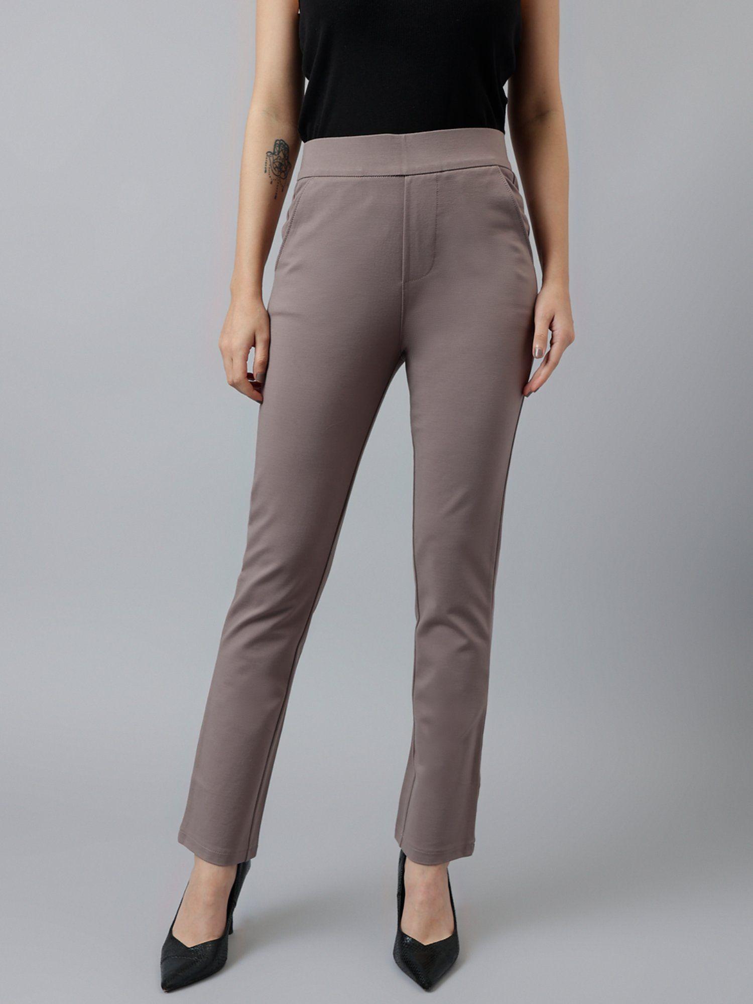 women dark mauve solid slim fit high rise trouser