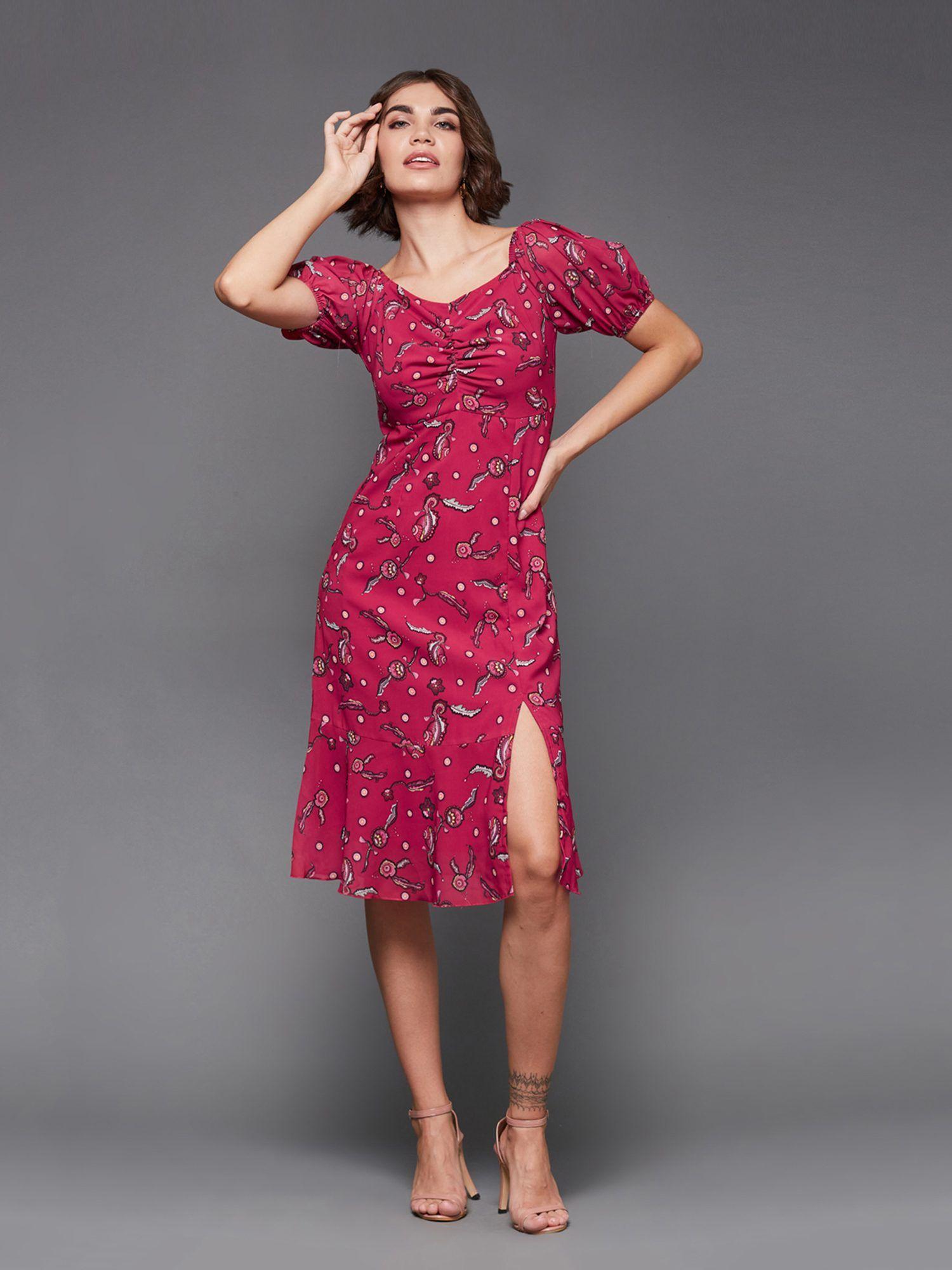 women dark pink sweetheart half sleeve floral fit & flare midi dress