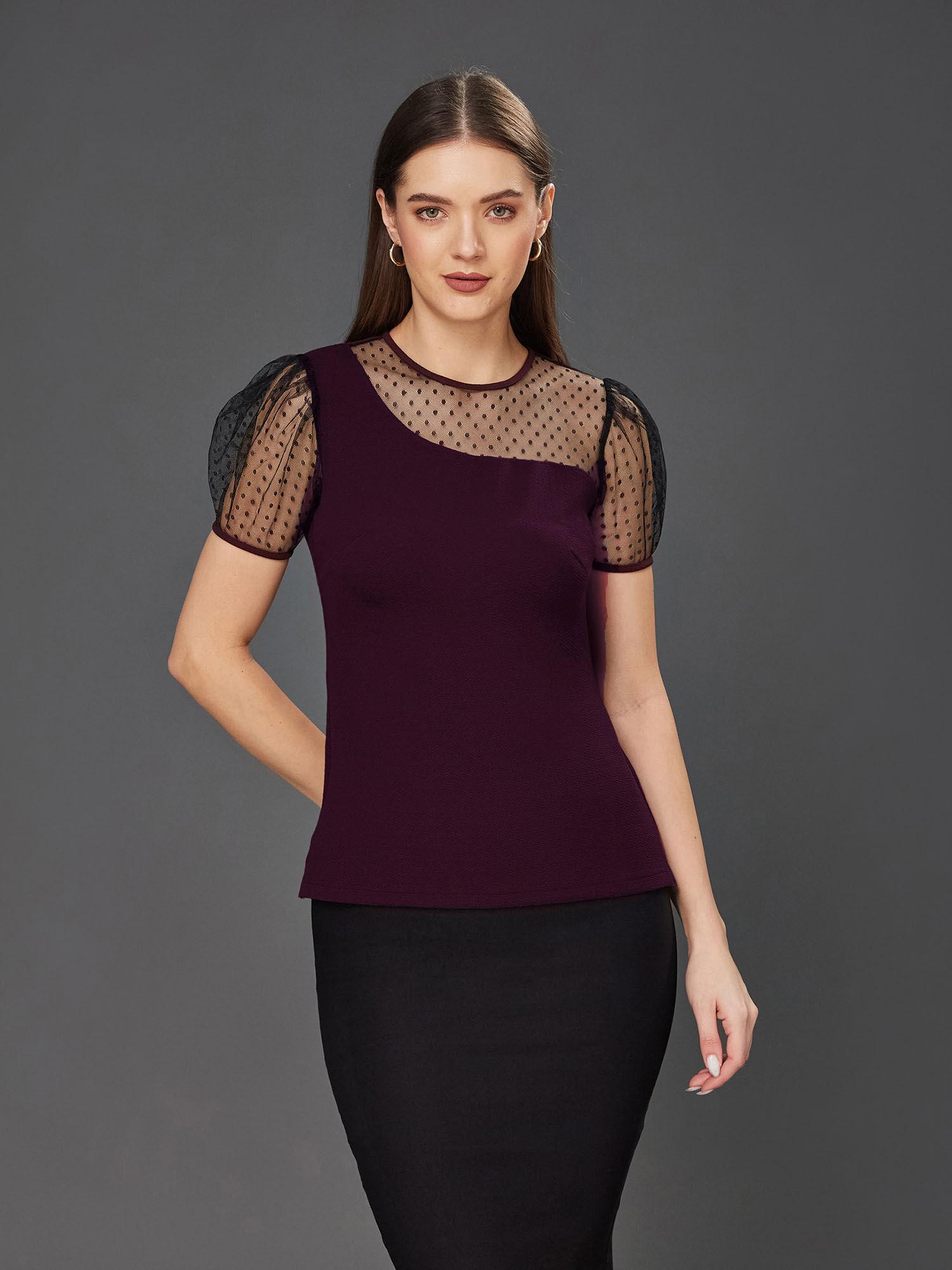 women dark purple & black round neck short sleeve relaxed fit top