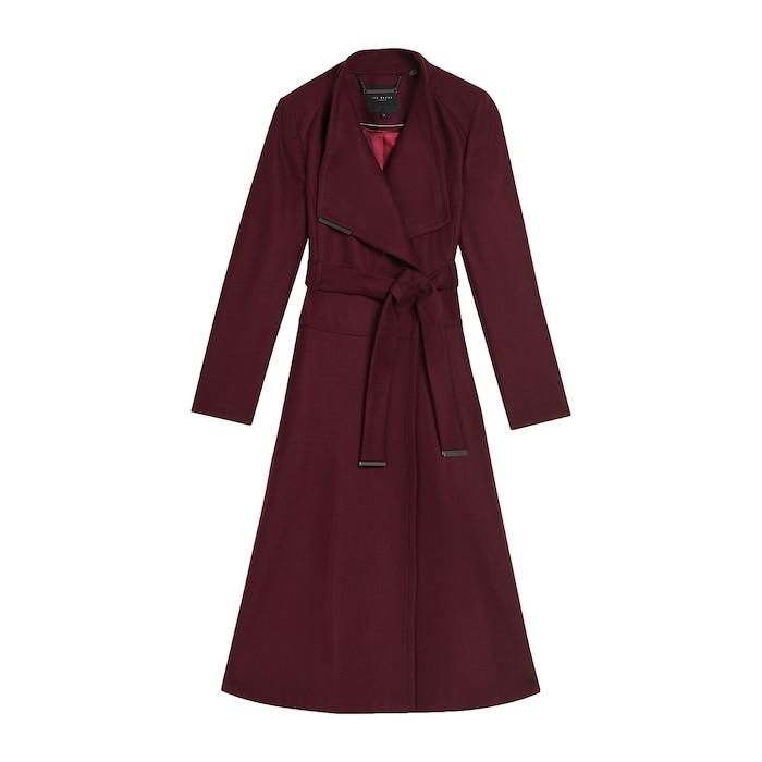 women dark-red midi wool wrap coat with full skirt