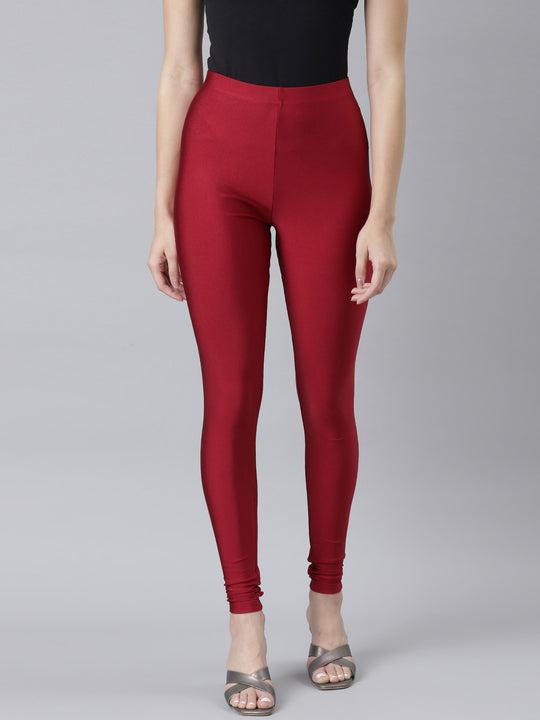 women dark red nylon shimmer churidar leggings