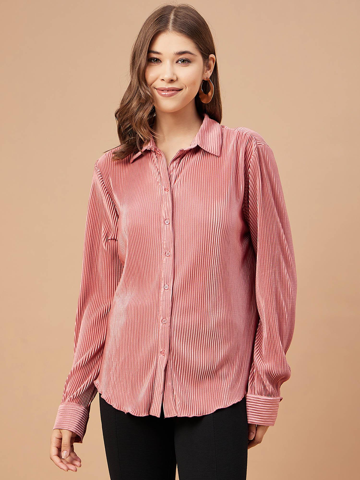 women deep coral solid satin bishop sleeve collar neck shirt