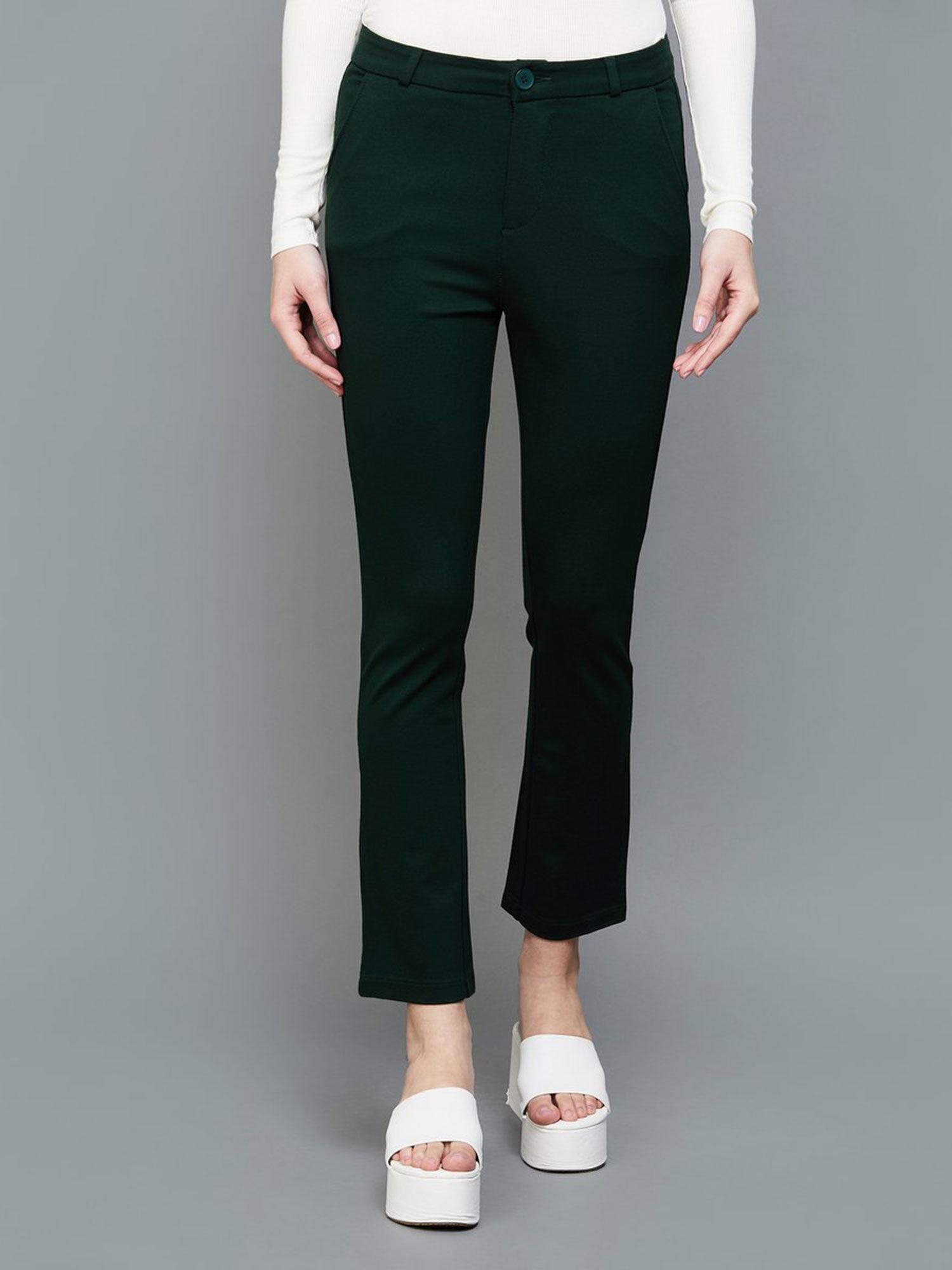 women deep green comfort straight slim fit high-rise trousers