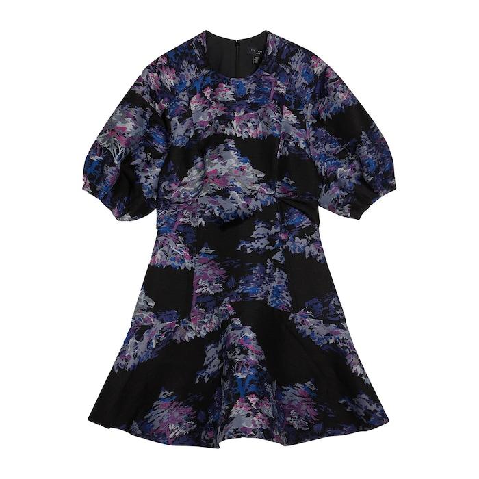 women deep purple puff sleeve jacquard mini dress