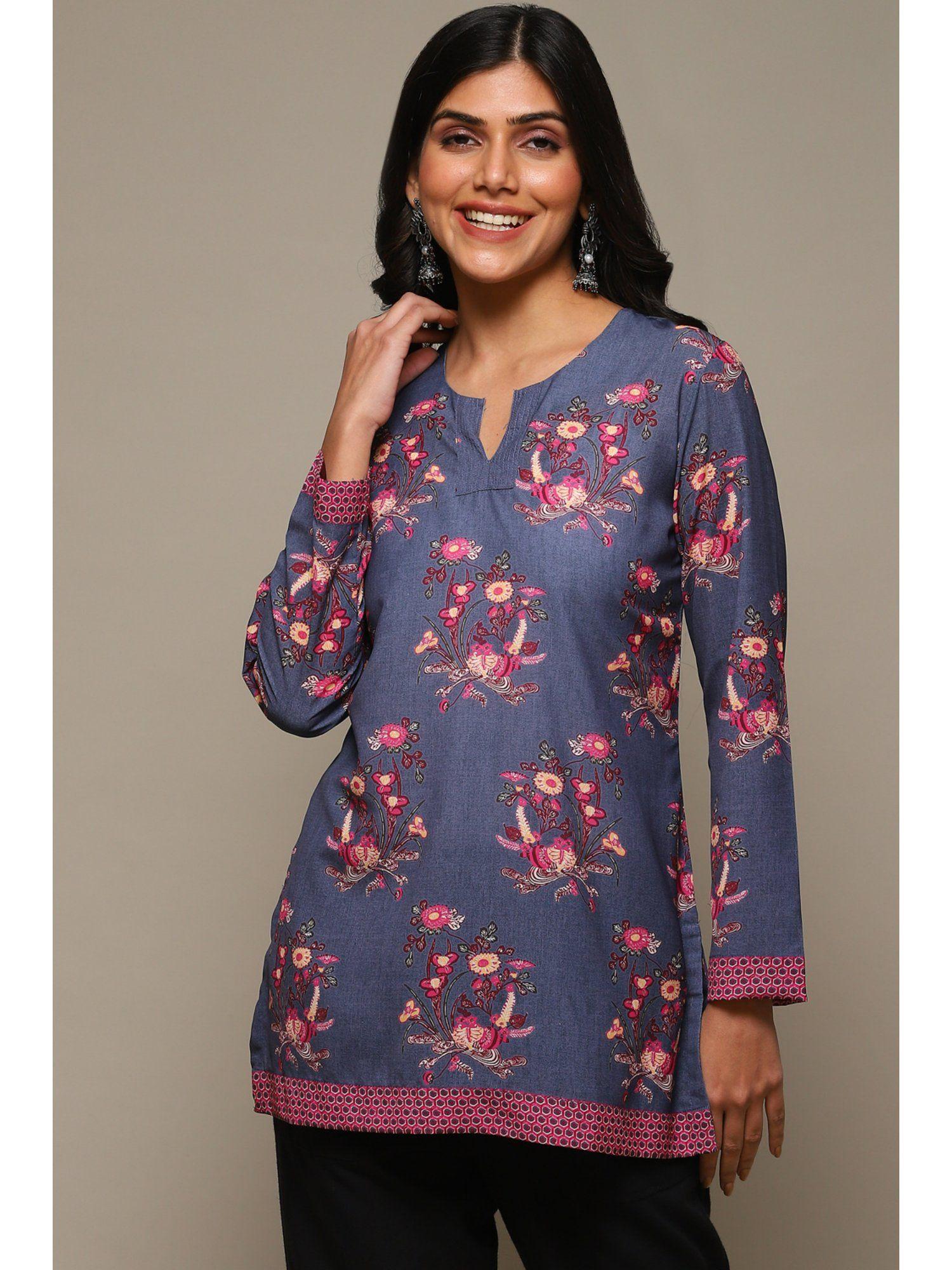 women denim blue floral printed poly crepe straight kurti