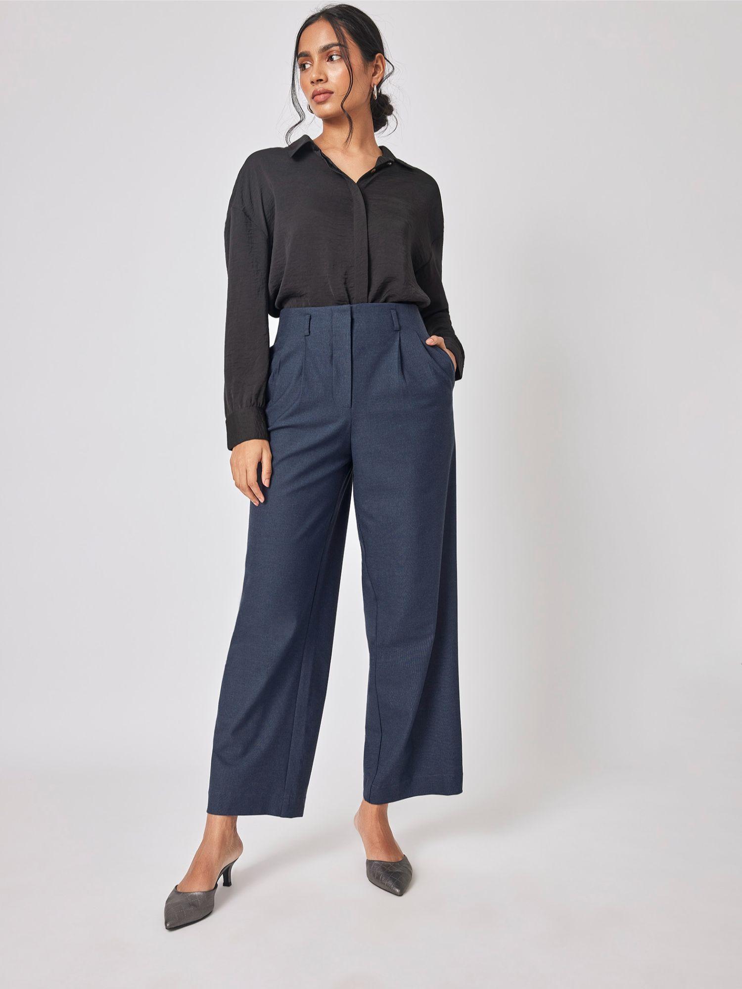 women denim blue pleated trousers