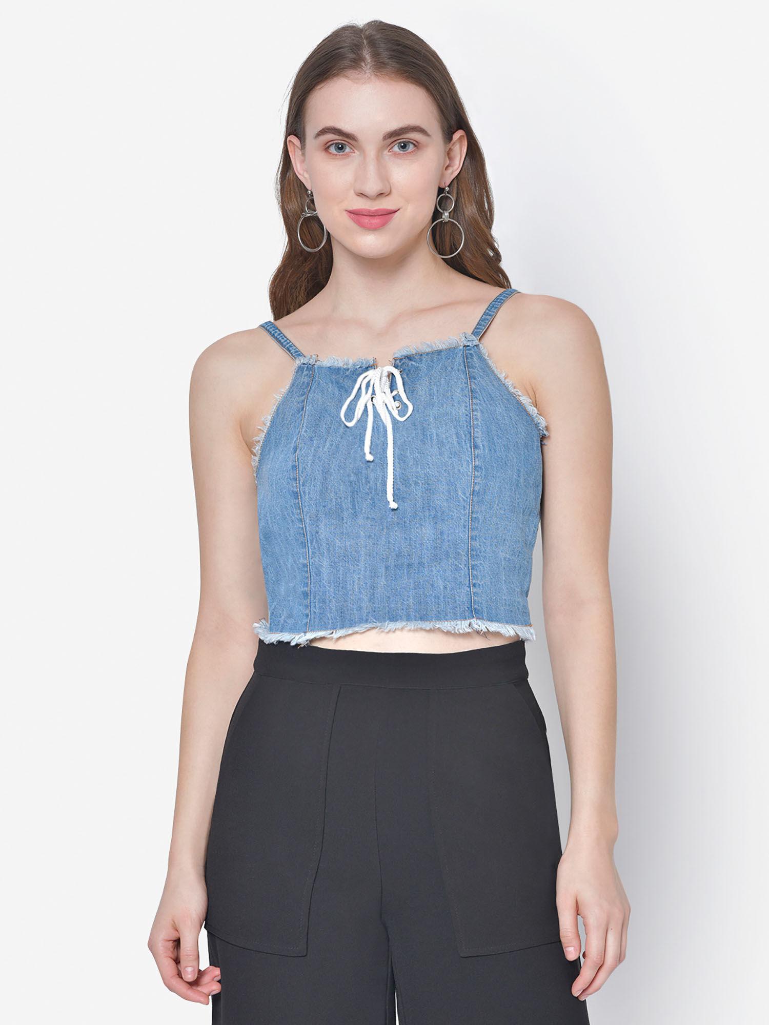 women denim laceup crop top