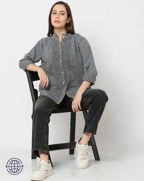 women denim pleated shirt