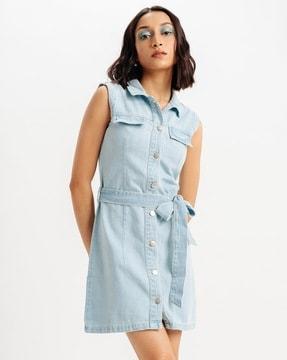 women denim shirt dress with tie-up belt