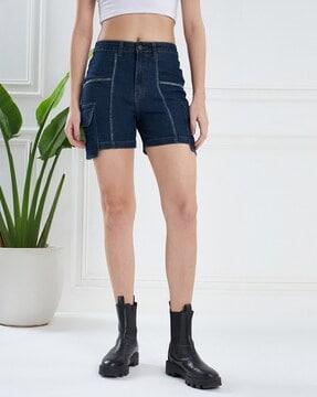 women denim shorts with flap pockets