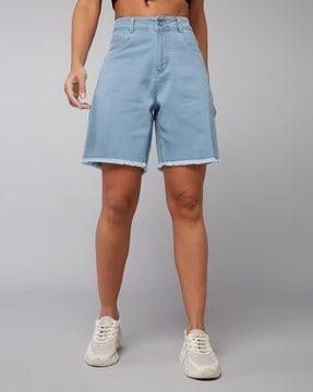 women denim shorts with fringed hem