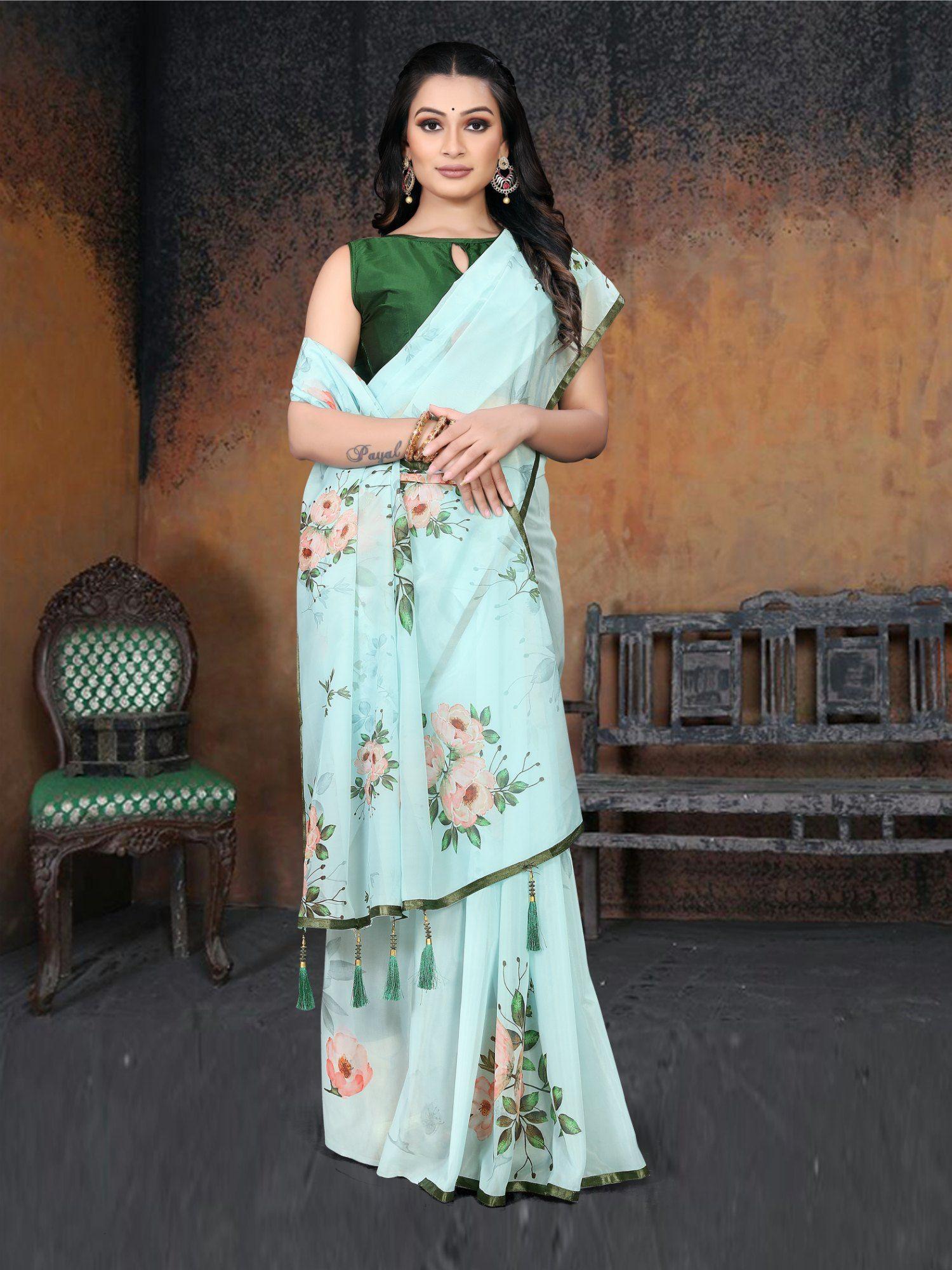 women designer printed organza daily wear saree green with unstitched blouse