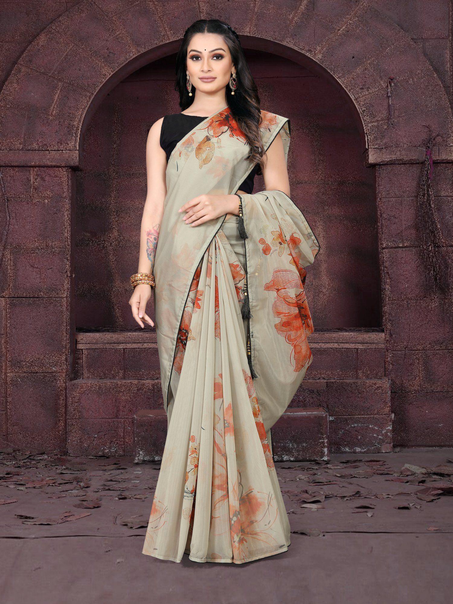 women designer printed organza daily wear saree olive with unstitched blouse