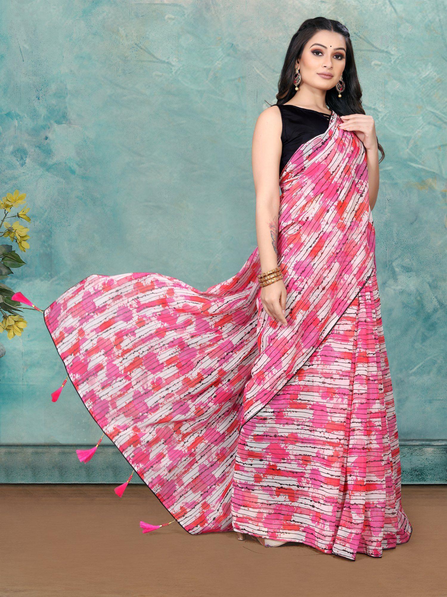 women designer printed soft organza daily wear saree pink with unstitched blouse