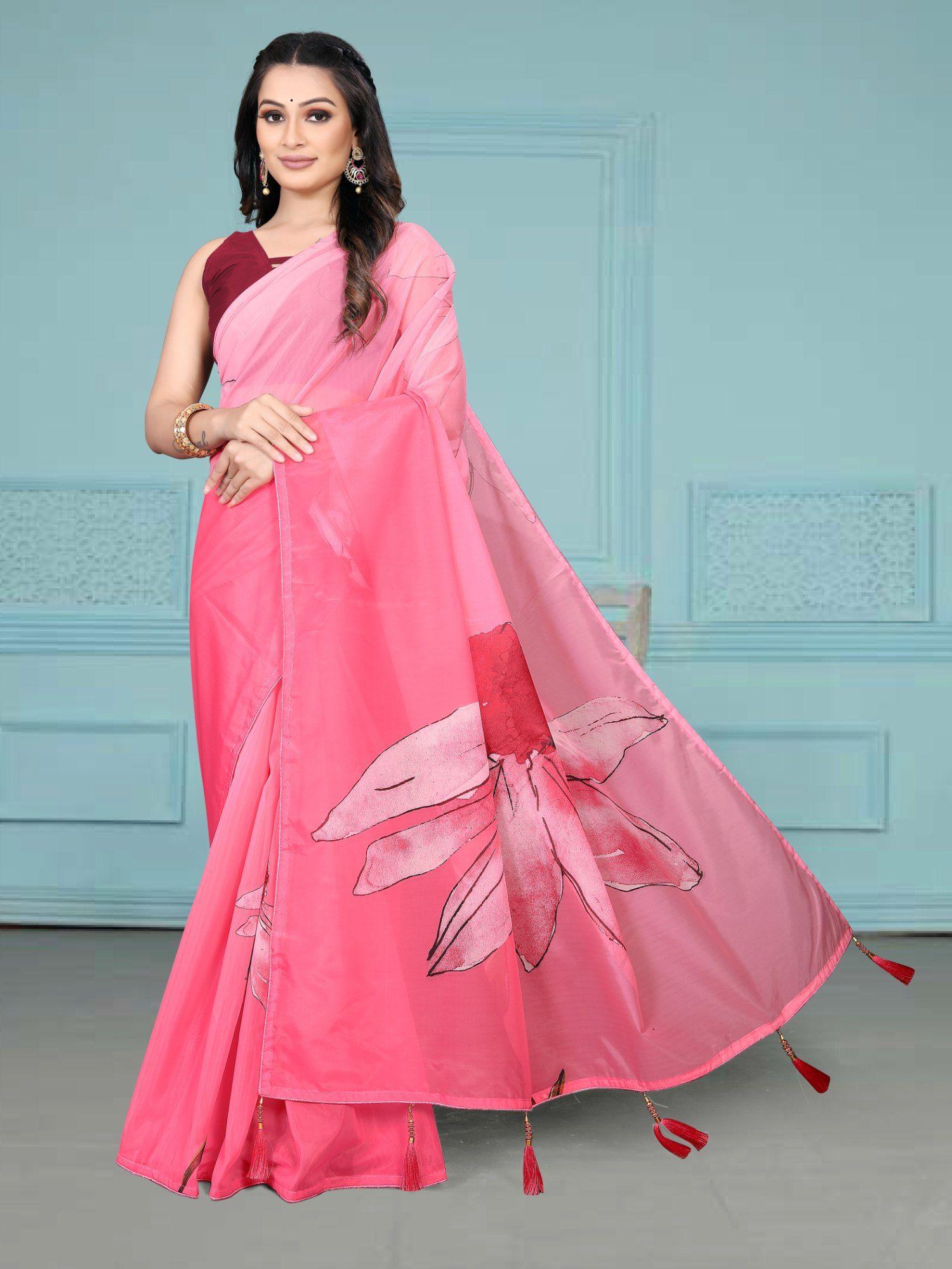 women designer printed soft organza daily wear saree pink with unstitched blouse