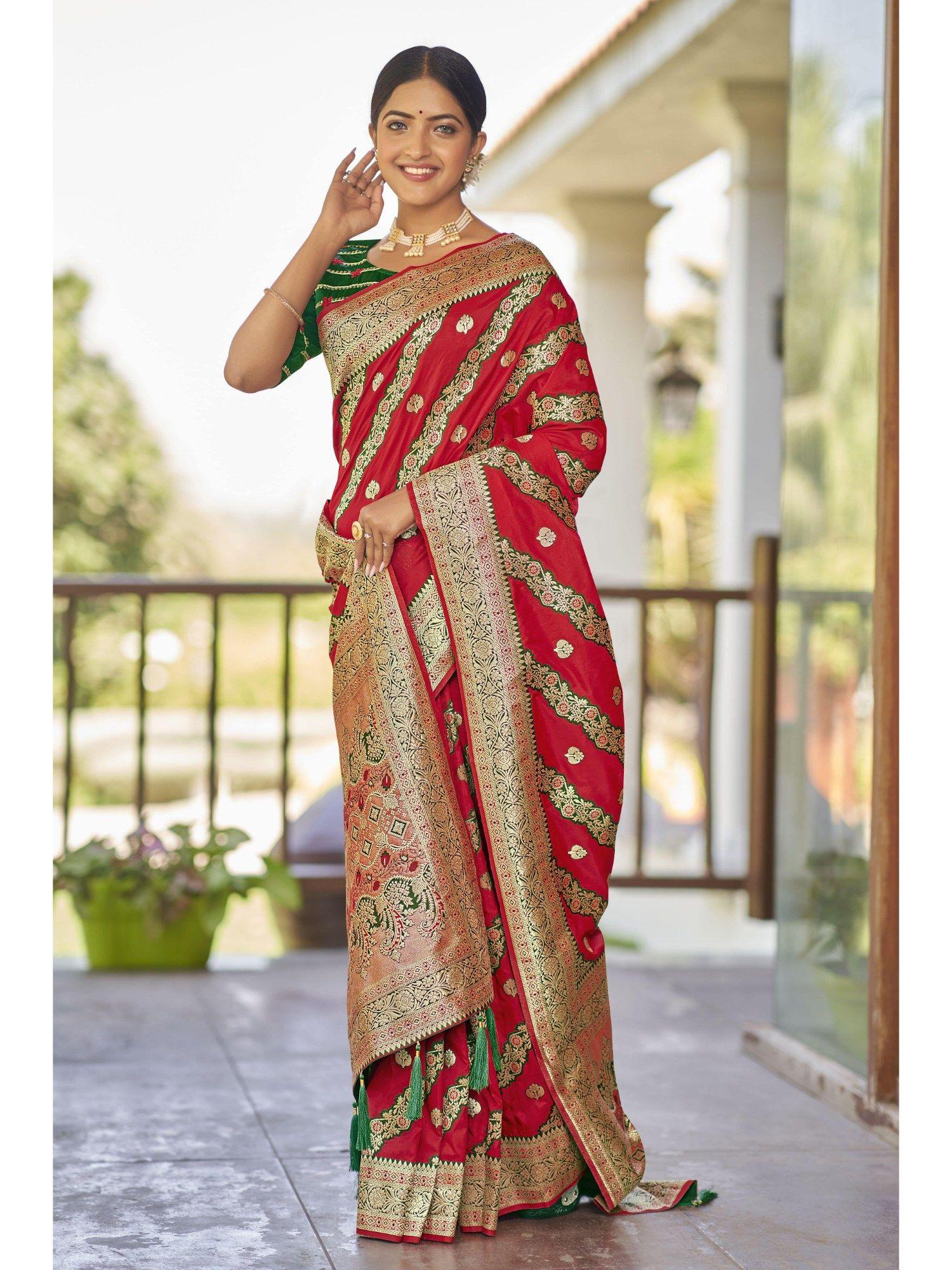 women designer woven work red saree with unstitched blouse