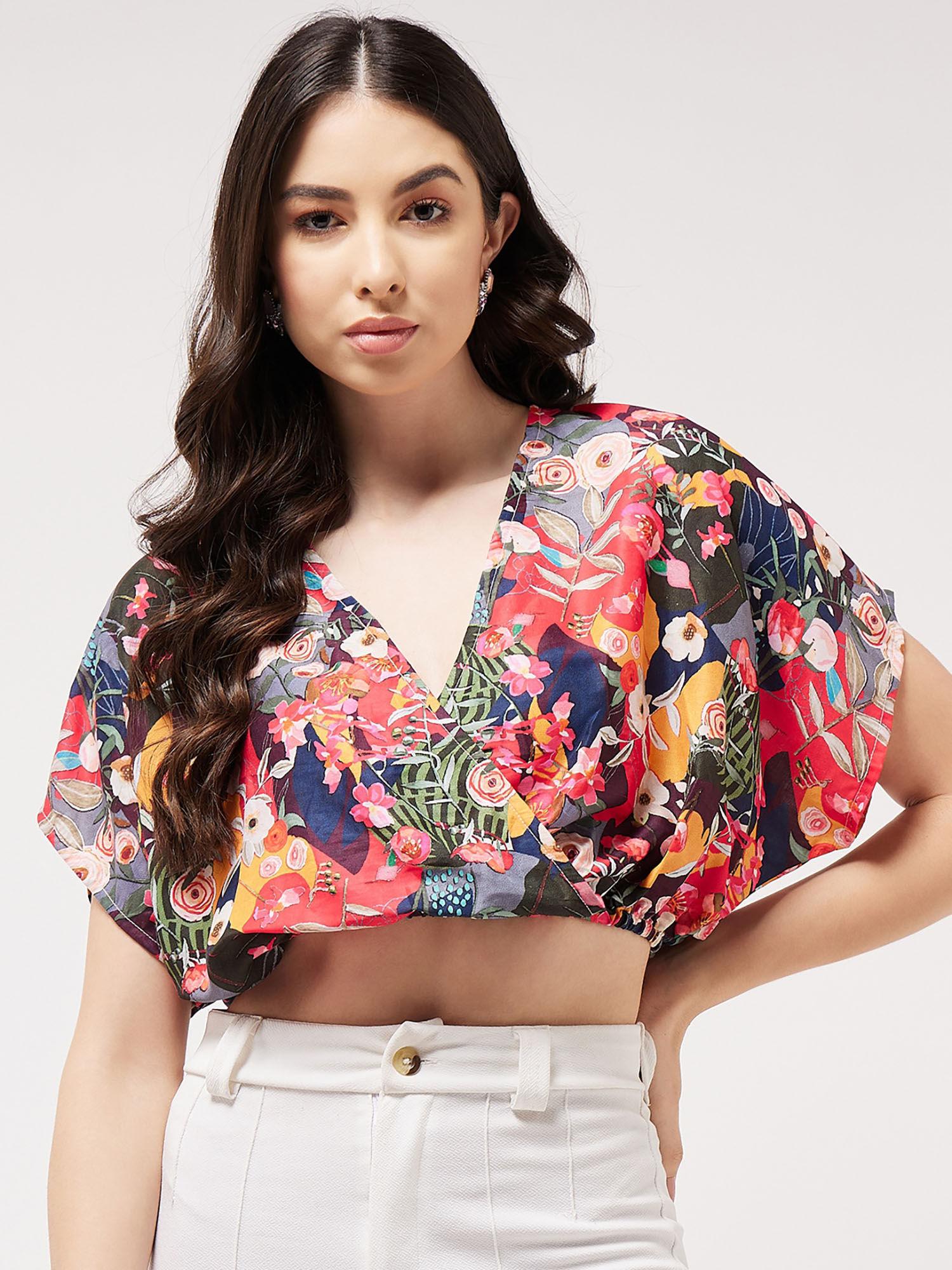 women digital printed overlap crop top with elasticated waist