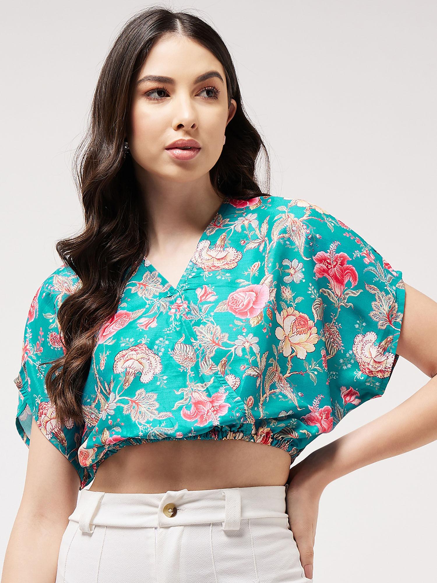 women digital printed overlap crop top