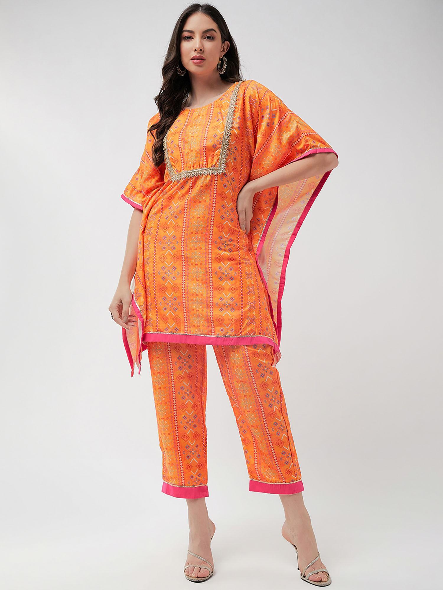 women digital printed yoke with lace kaftan short kurta with pant (set of 2)