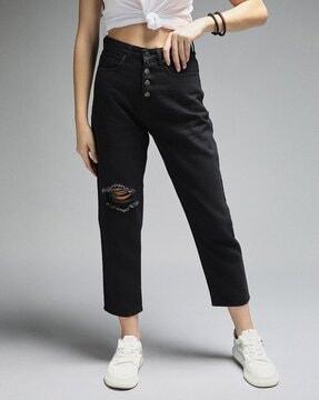 women distressed high-rise mom fit jeans