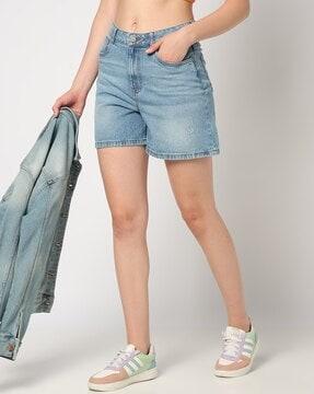 women distressed high-rise straight fit denim shorts