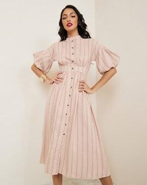 women ditsy print shirt midi dress with button placket