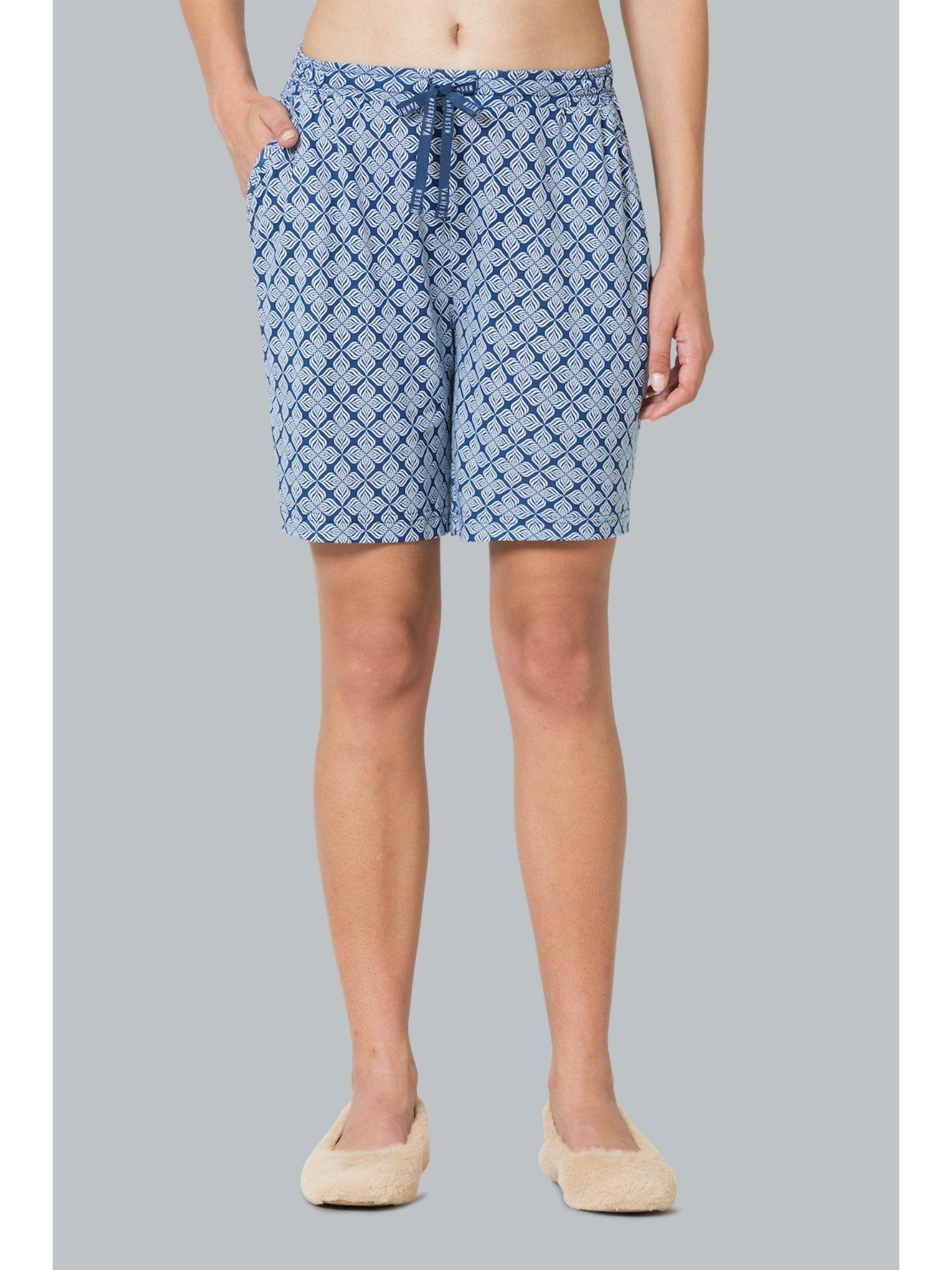 women drawstring waist & functional pocket lounge shorts - blue