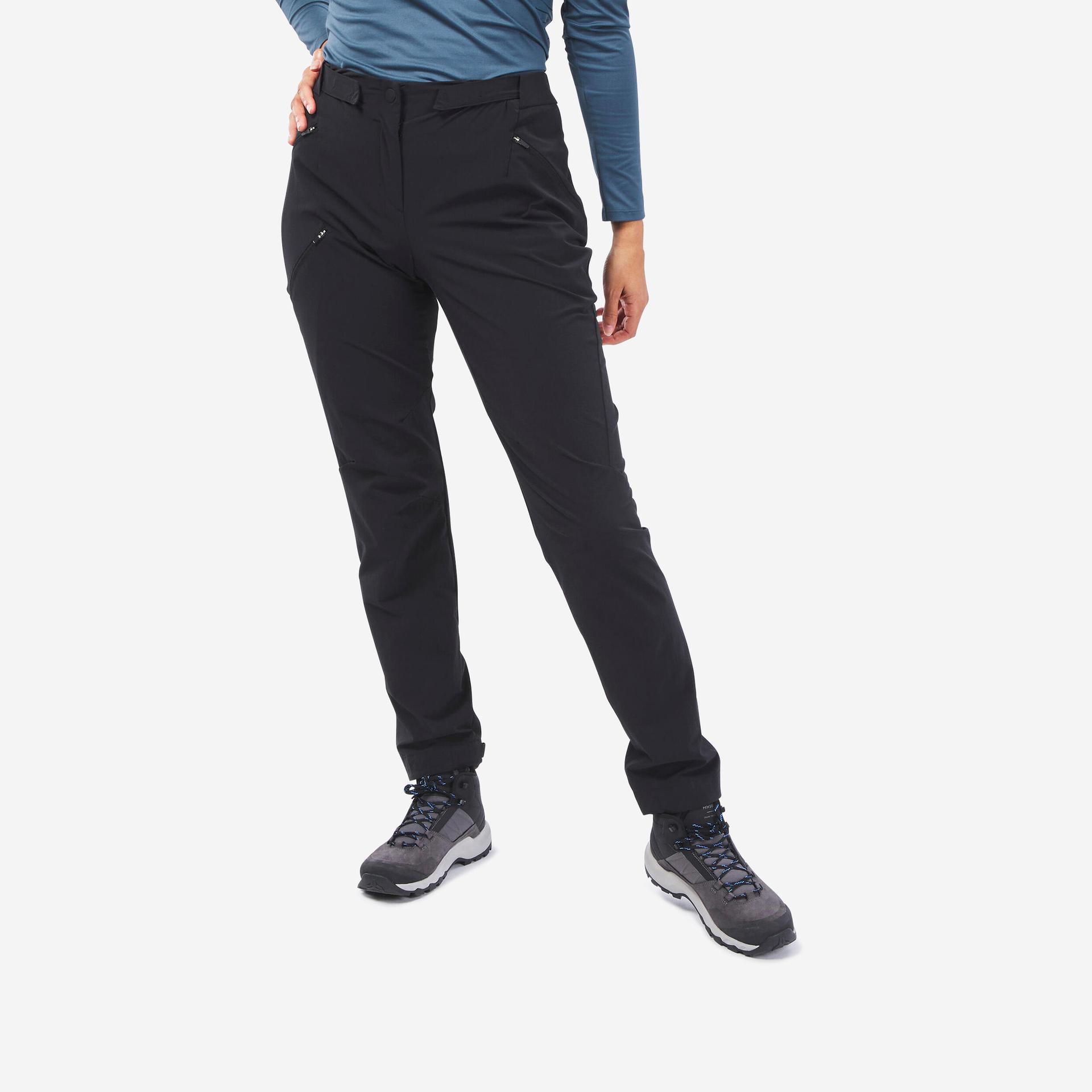 women dry fit stretchable reinforced hiking pant black - mh500