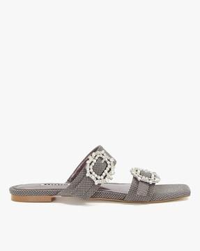 women dual-strap flat sandals with embellished buckle accent