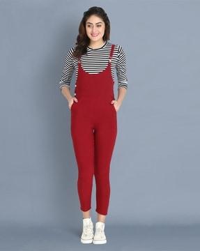 women dungaree pants with striped top set