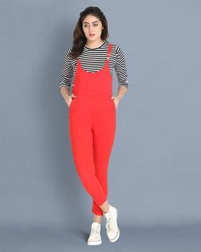 women dungaree with striped top set