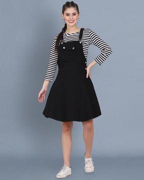 women dungaree with striped top