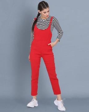 women dungaree with striped top